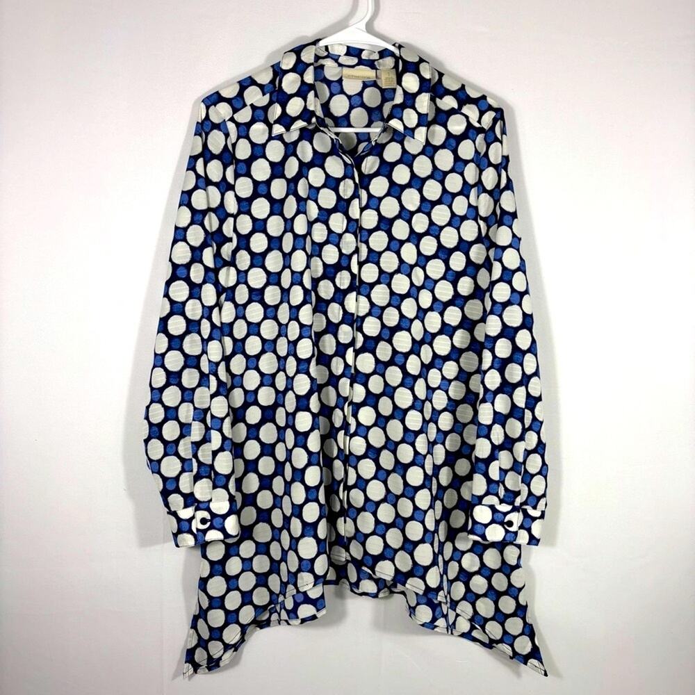 Chico's Blue and White Polka Dot Tunic Button Down Shirt Size Medium GG0622